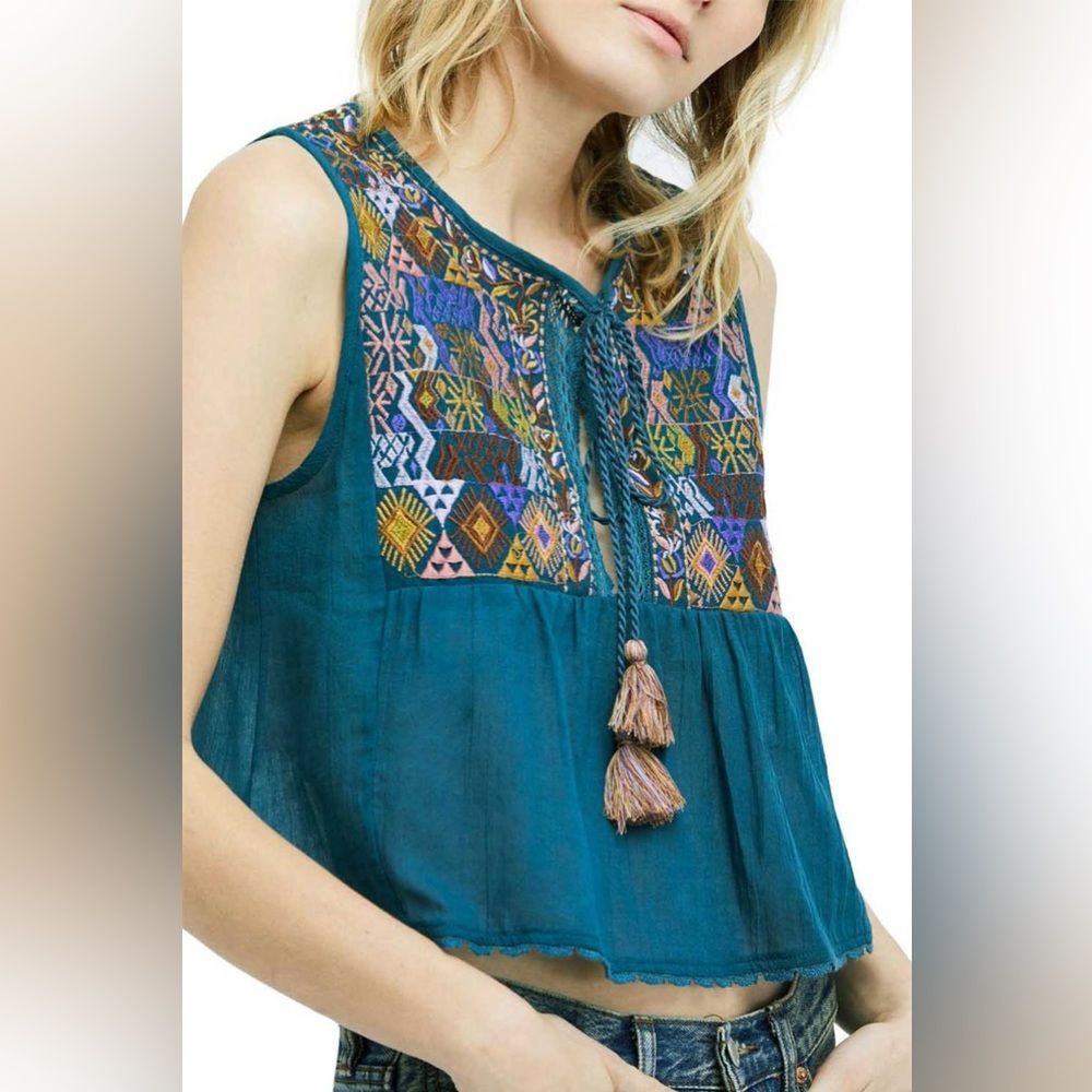 Free People Lohri Embroidered Tassel Top